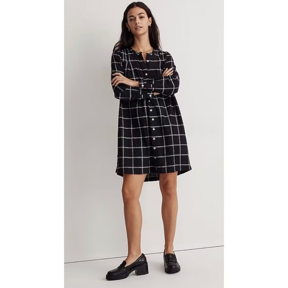 Madewell $118 Collarless Shirtdress Wimdowpane Black Size M NI668 - Picture 2 of 7